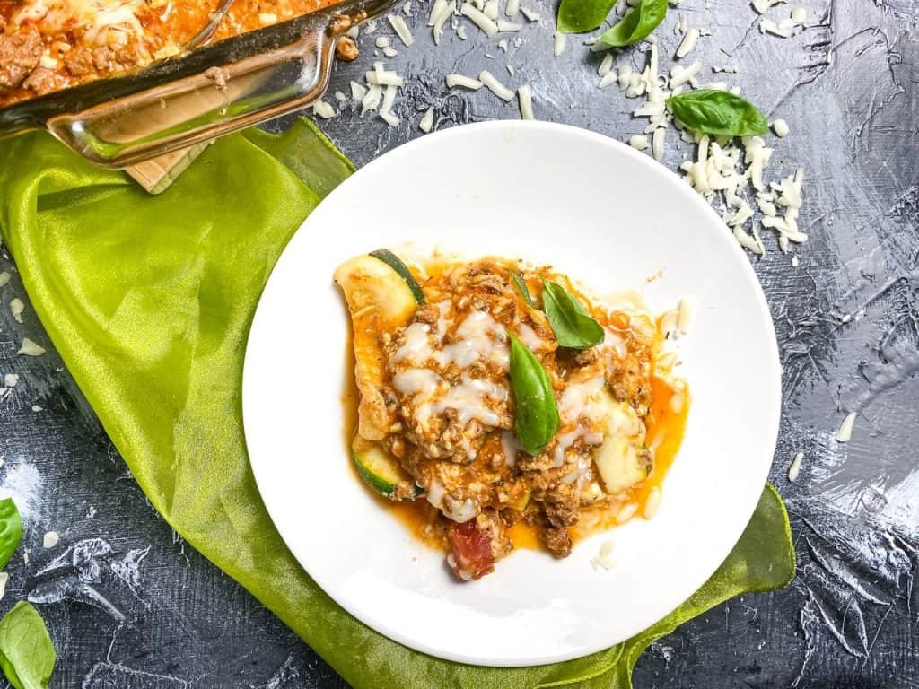 horizontal overhead photo of plated zucchini lasagna