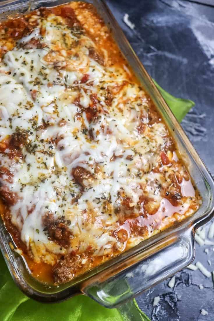side angle photo of zucchini lasagna in dish
