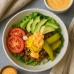 cheeseburger bowl on a gray table with a dressing in a bowl on the side