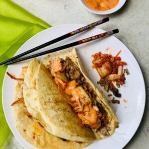 kimchi, pork, flour tortillas, sriracha