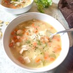 overhead view of chicken pot pie soup