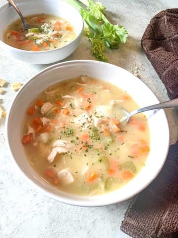 overhead view of chicken pot pie soup