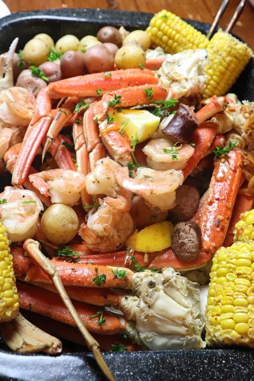 seafood boil in a pan