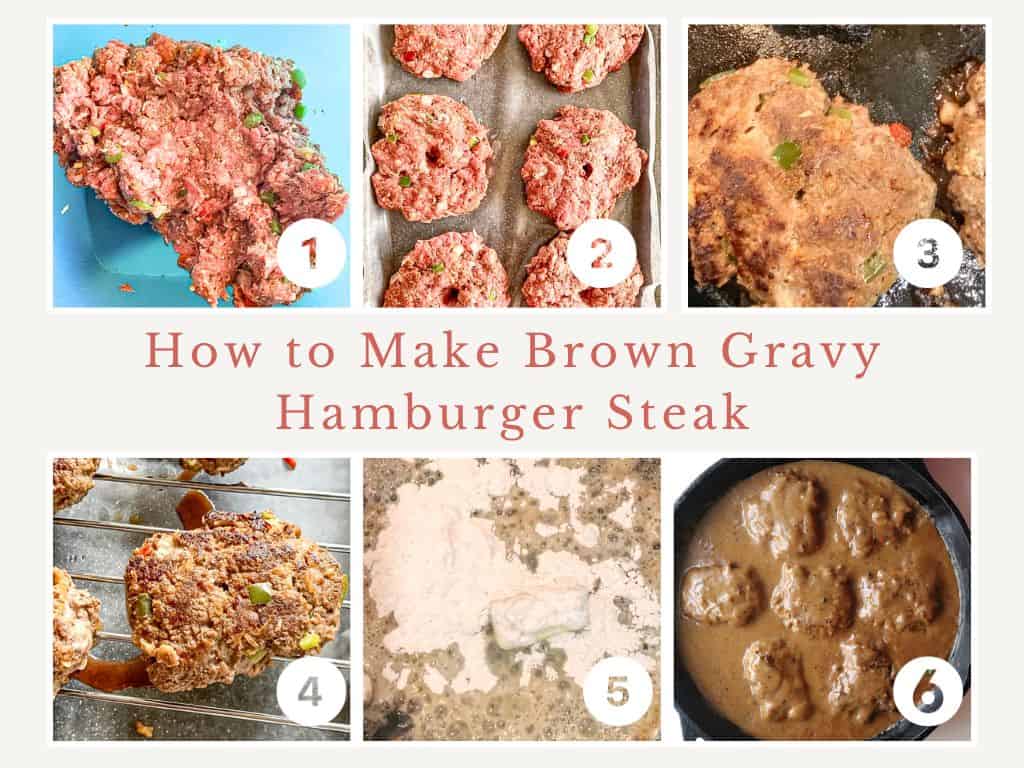 collage of how to make brown gravy hamburger steaks