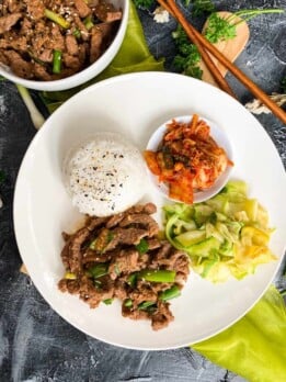 overhead of plated Korean Beef Bulgogi Recipe