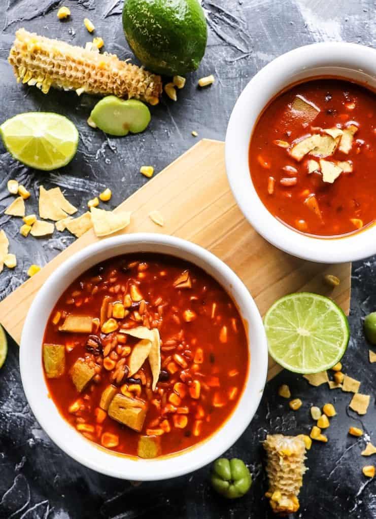 vegetarian tortilla soup with black beans and rice