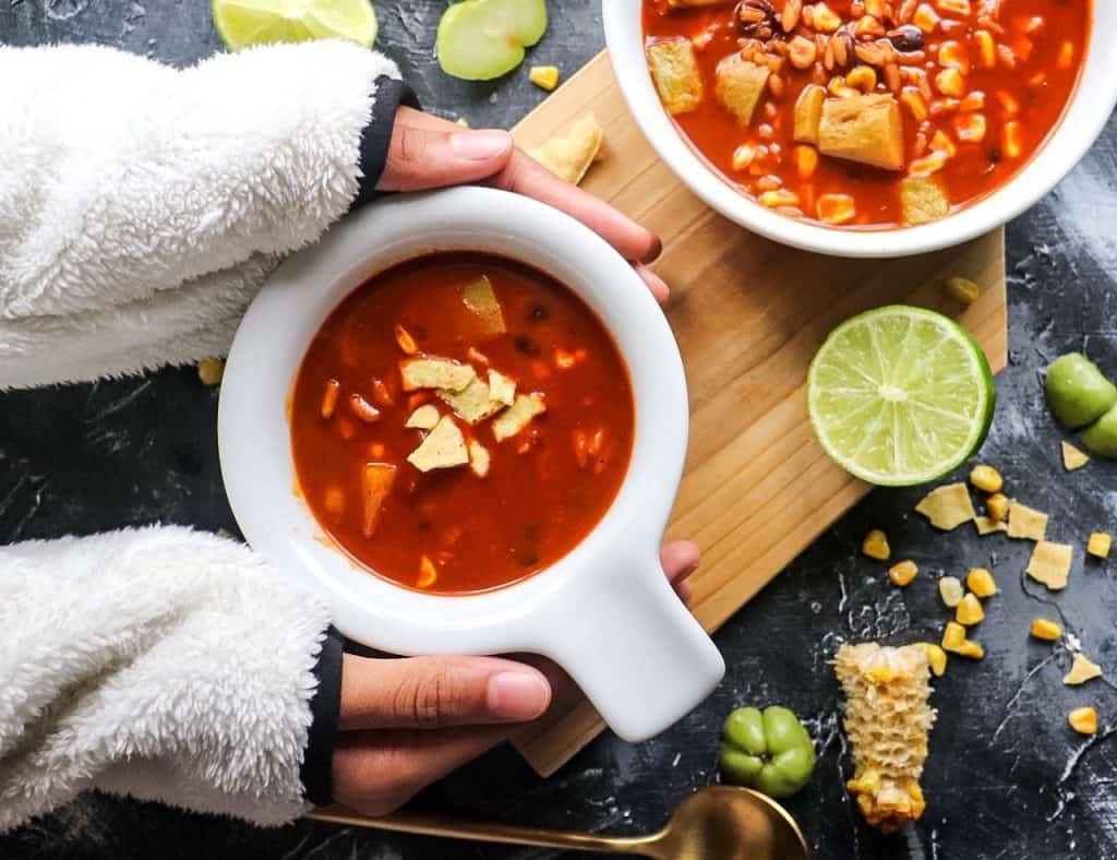 vegetarian tortilla soup with black beans and rice