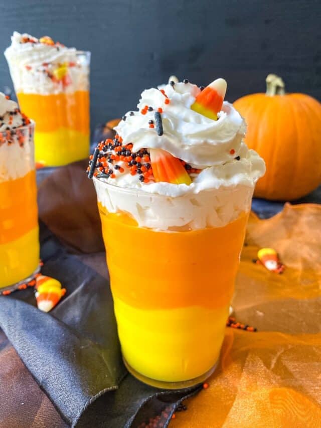 photo of candy corn pudding cups from the front