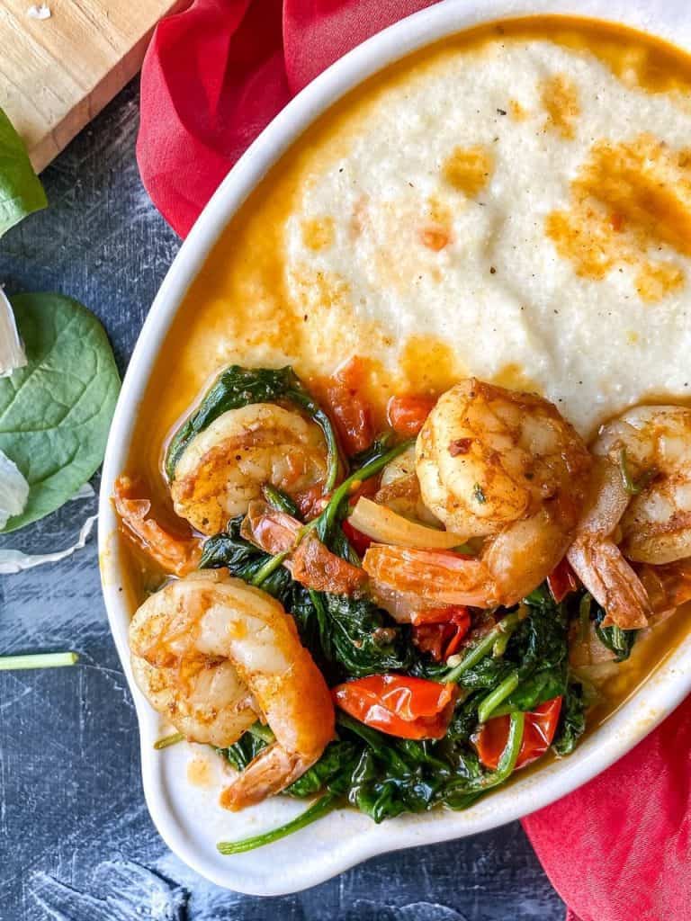 close up of Garlic Butter Shrimp and Grits