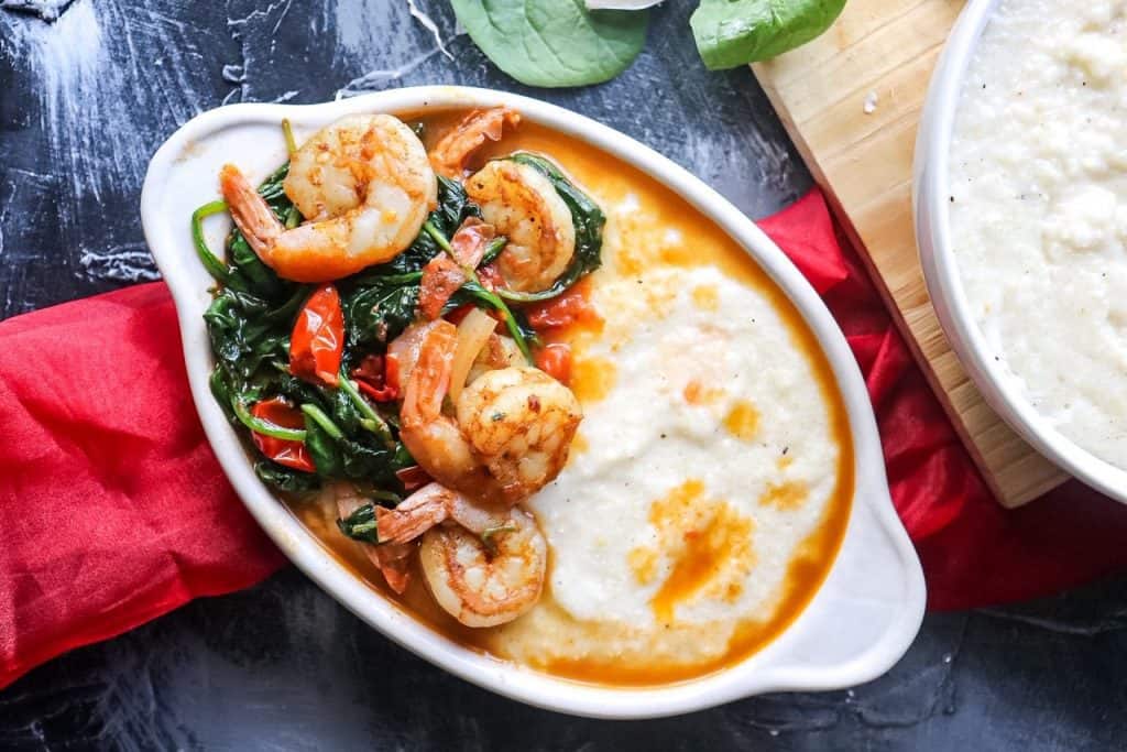 flatlay of a bowl of Garlic Butter Shrimp and Grits