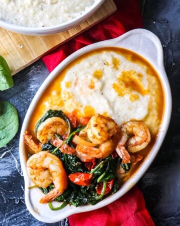 flatlay of Garlic Butter Shrimp and Grits