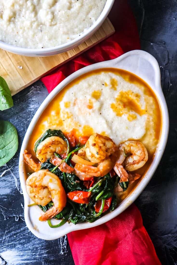 flatlay of Garlic Butter Shrimp and Grits