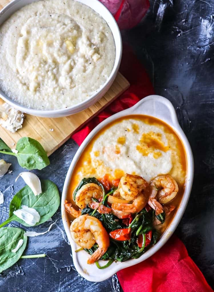 Flatlay of Garlic Butter Shrimp and Grits