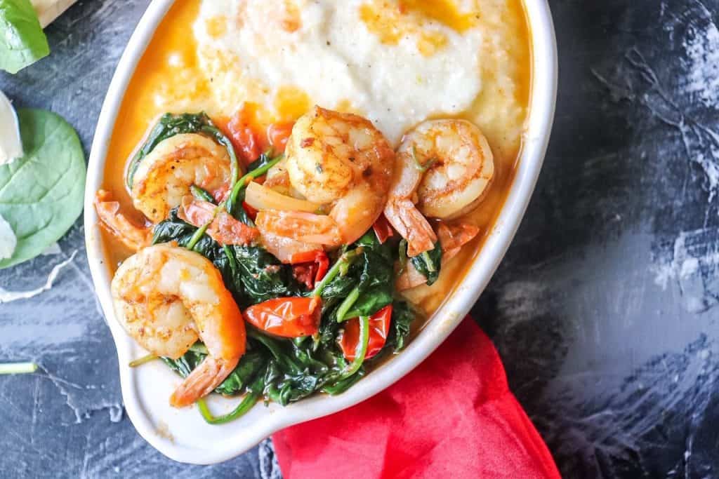 horizontal photo of Garlic Butter Shrimp and Grits