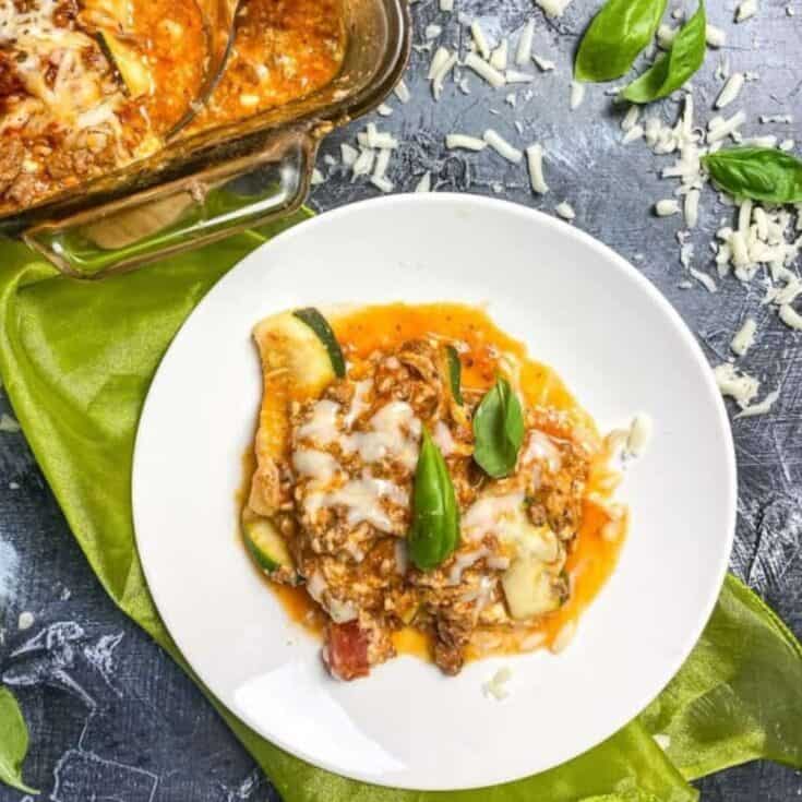 zucchini lasagna on a white plate