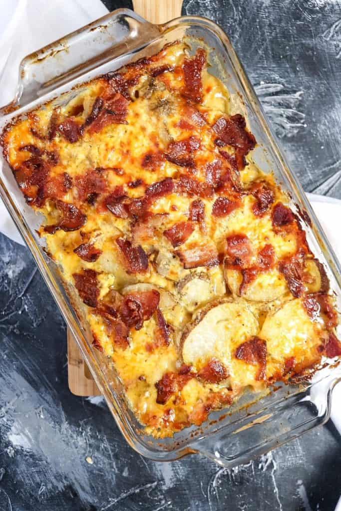 side view of Cheesy Bacon Ranch Scalloped Potatoes