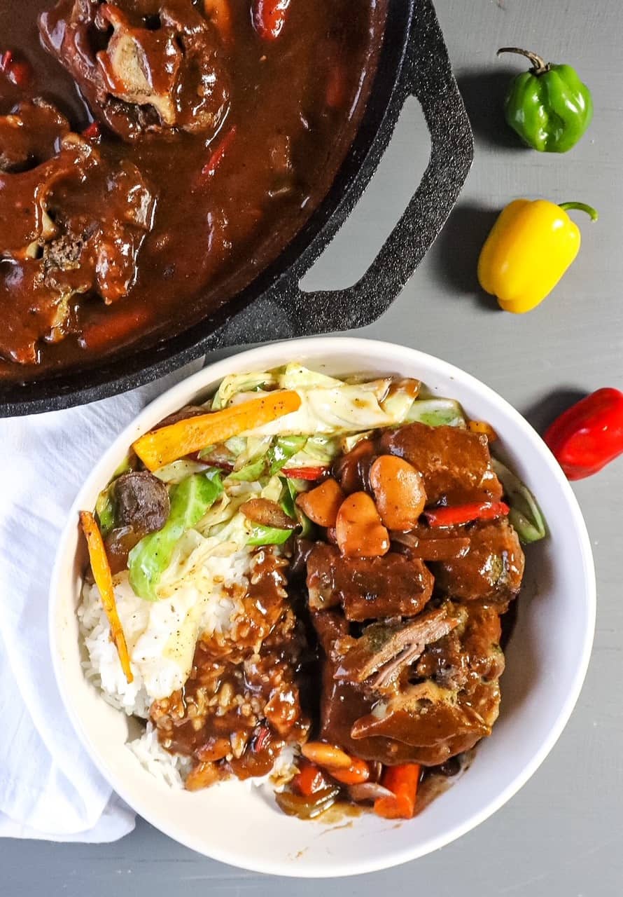 flat lay of plated oxtails