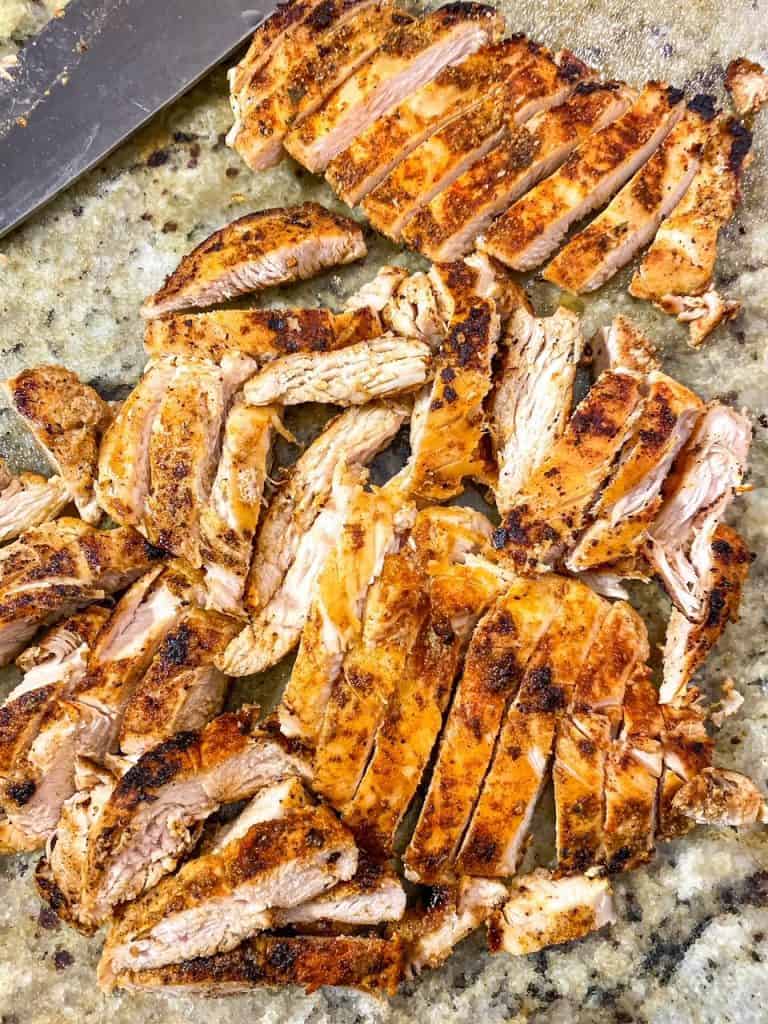 blackened chicken breast sliced up