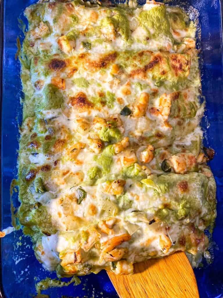 overhead view of entire dish or shrimp enchiladas