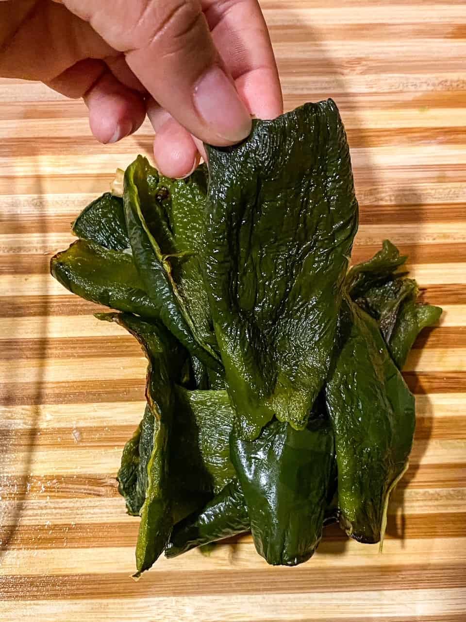roasted poblanos with the skin peeled off