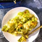 Overhead view of shrimp enchiladas on a plate