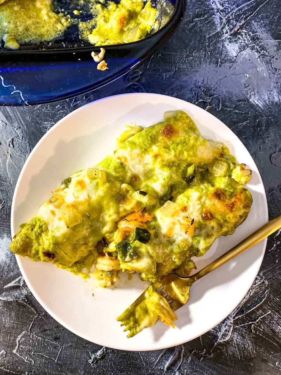 Overhead view of shrimp enchiladas on a plate