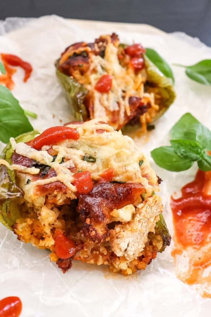 close-up of chicken parmesan stuffed pepper