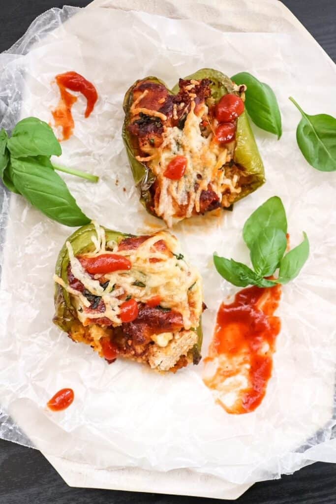 close-up of chicken parmesan stuffed pepper