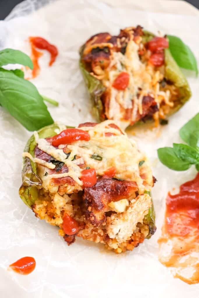 close-up of chicken parmesan stuffed pepper