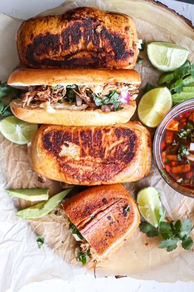 overhead view of chicken birria grilled cheese sandwiches