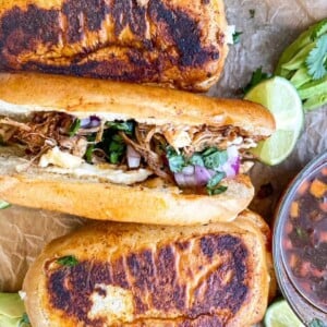 overhead view of chicken birria grilled cheese sandwiches