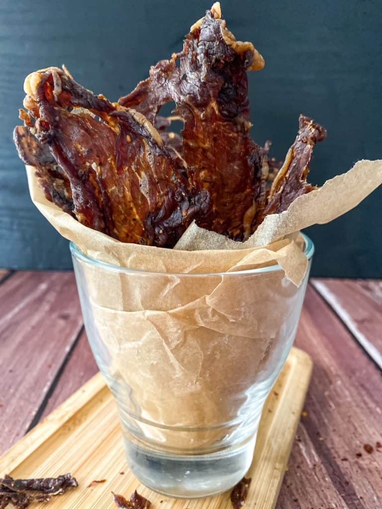 sweet and spicy beef jerky in a cup for presentation