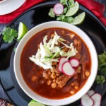 Overhead view of a bowl Pozole Rojo