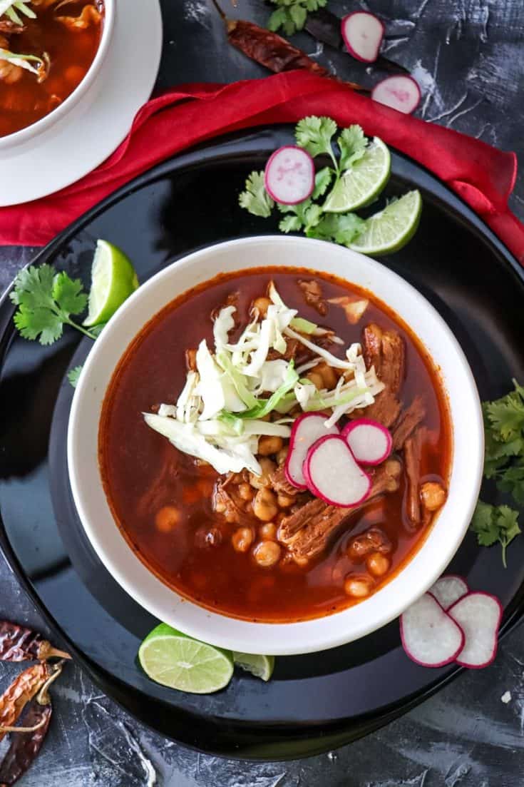 Overhead view of a bowl Pozole Rojo