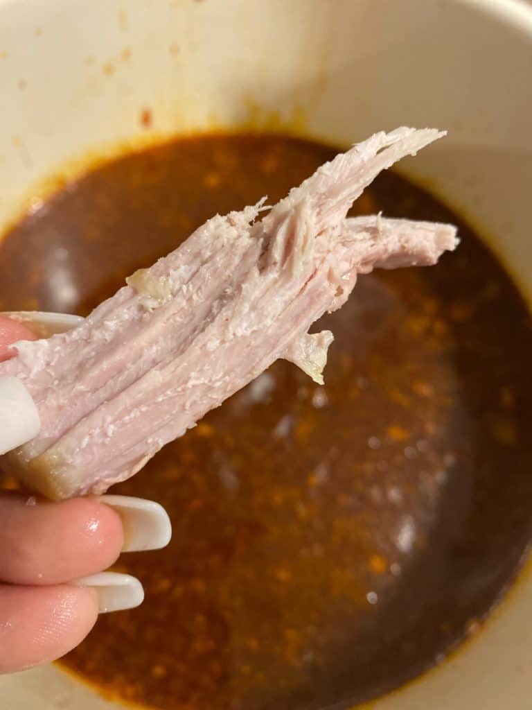 A hand holding a bite sized chunk of pork shoulder over a pot of broth.