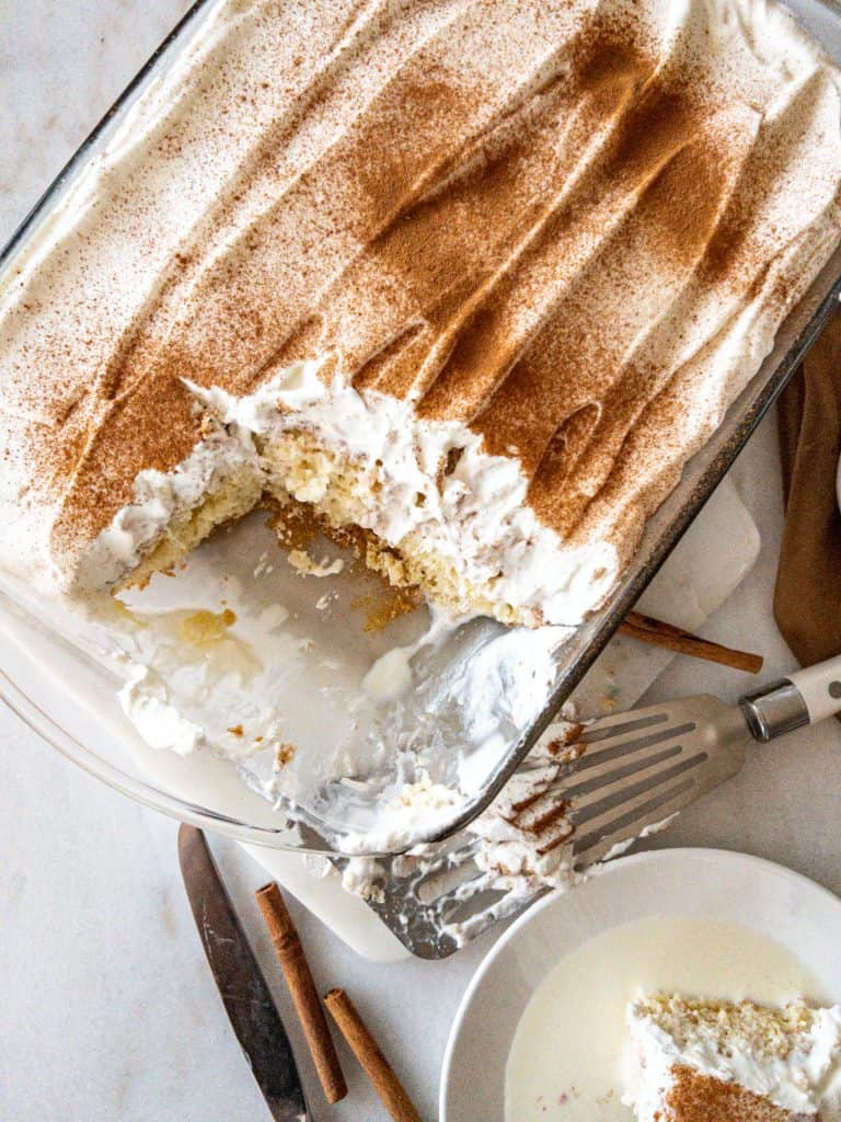 tres leches cake in a baking dish