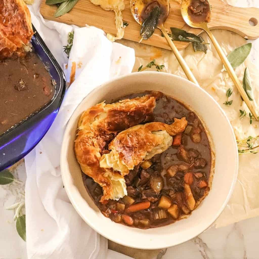 A bowl of instant pot beef pot pie.