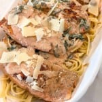 salmon over pasta with cheese on top