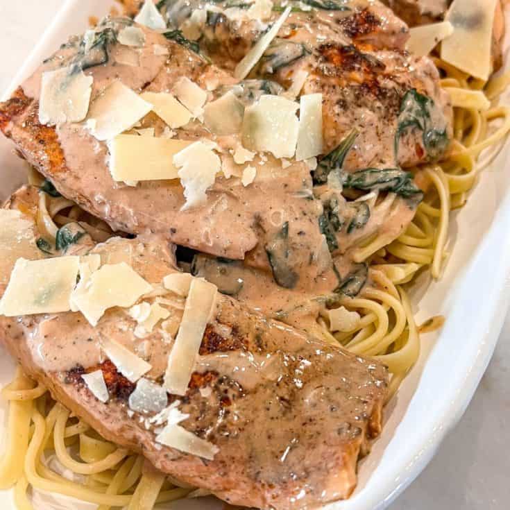 salmon over pasta with cheese on top