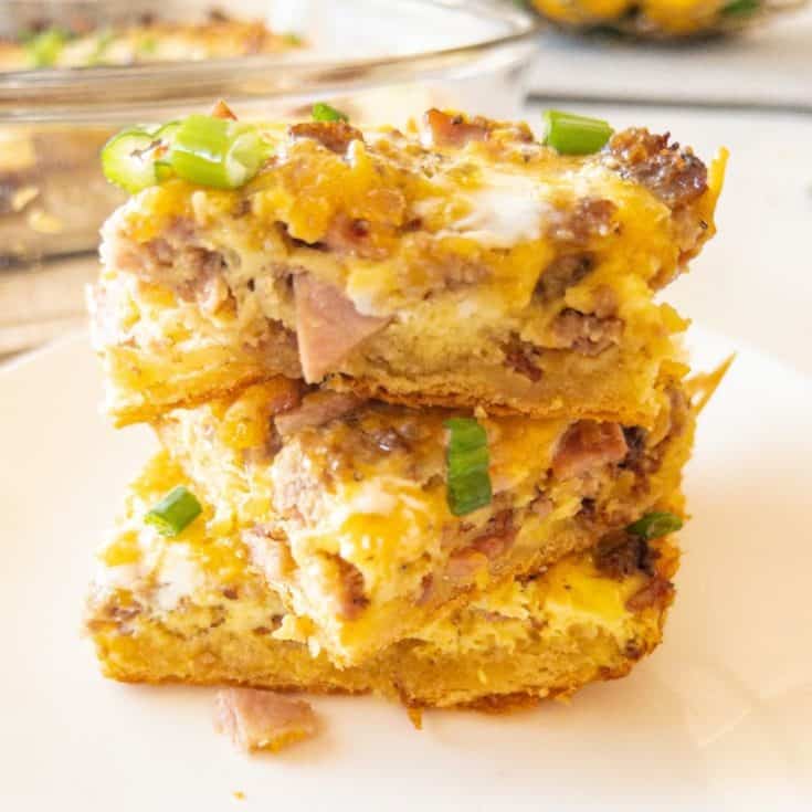 up close of ham and croissant casserole