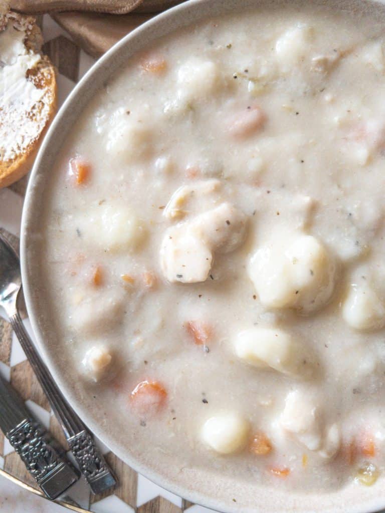 close-up of a bowl of chicken and gnocchi soup