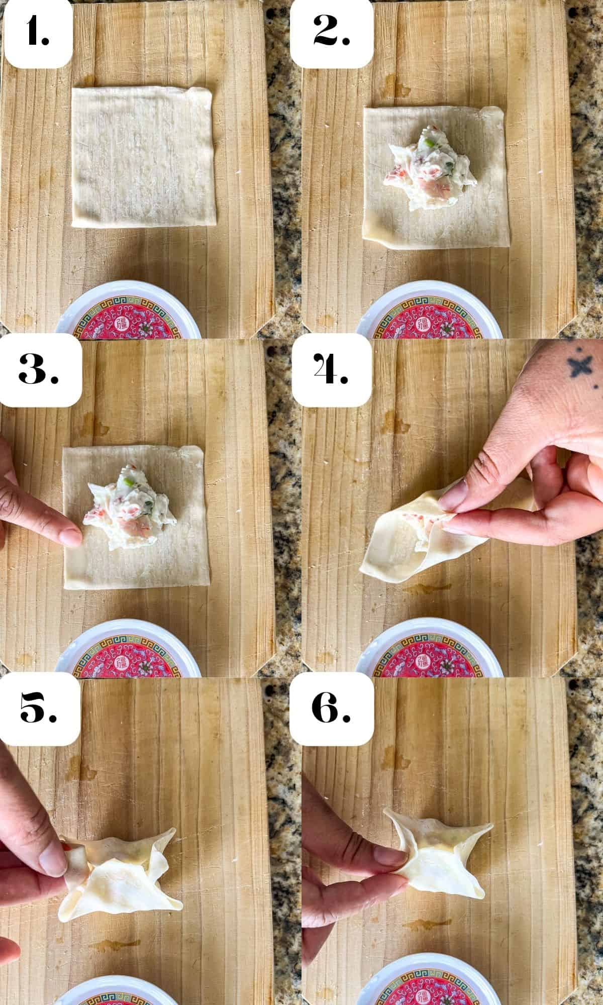 a collage showing the steps to fold a crab rangoon