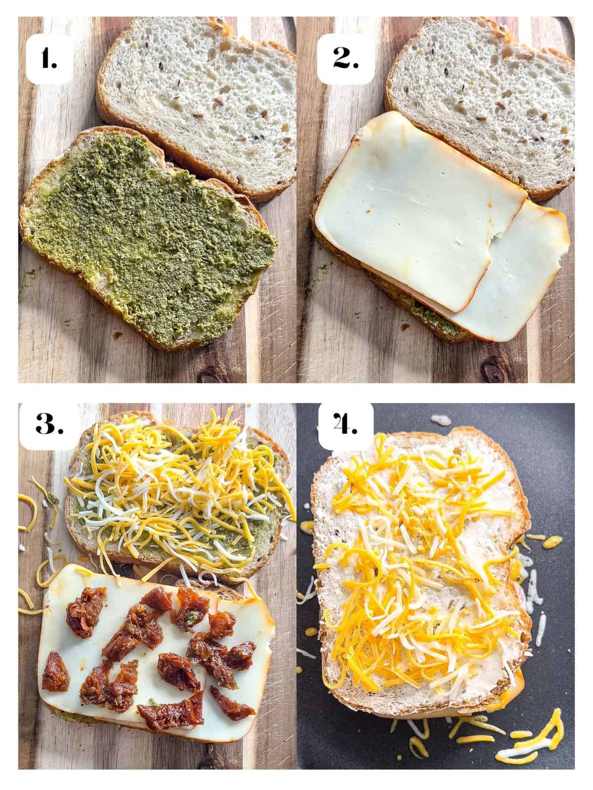 instructions to build the pesto grilled cheese