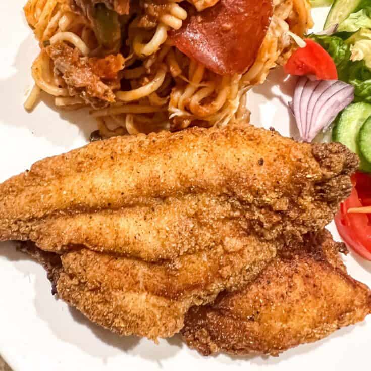 southern fried catfish on a plate with spaghetti and salad