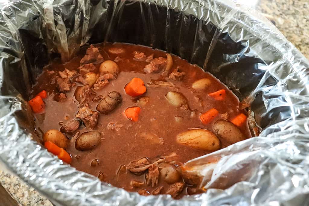 beef stew that has been cooked in a slow cooker
