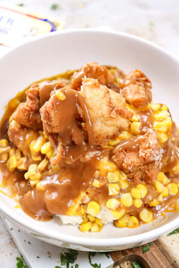close up view of a bowl of KFC famous bowl
