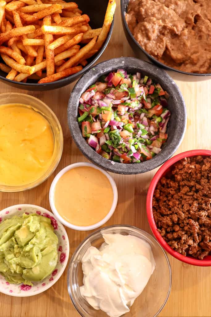 overhead view of ingredients for nacho fries