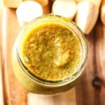 overhead view of a jar full of homemade sofrito