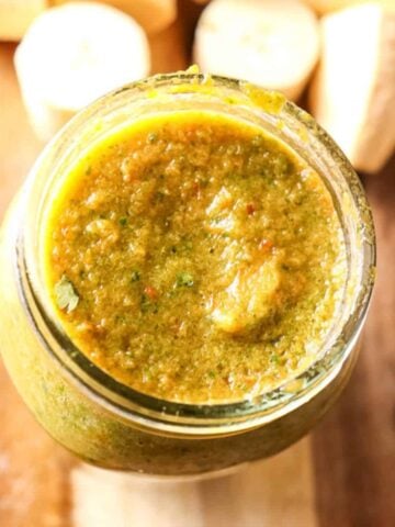 overhead view of a jar full of homemade sofrito