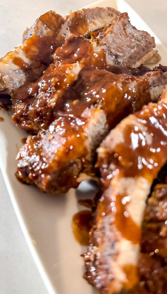 close up view of saucy ribs